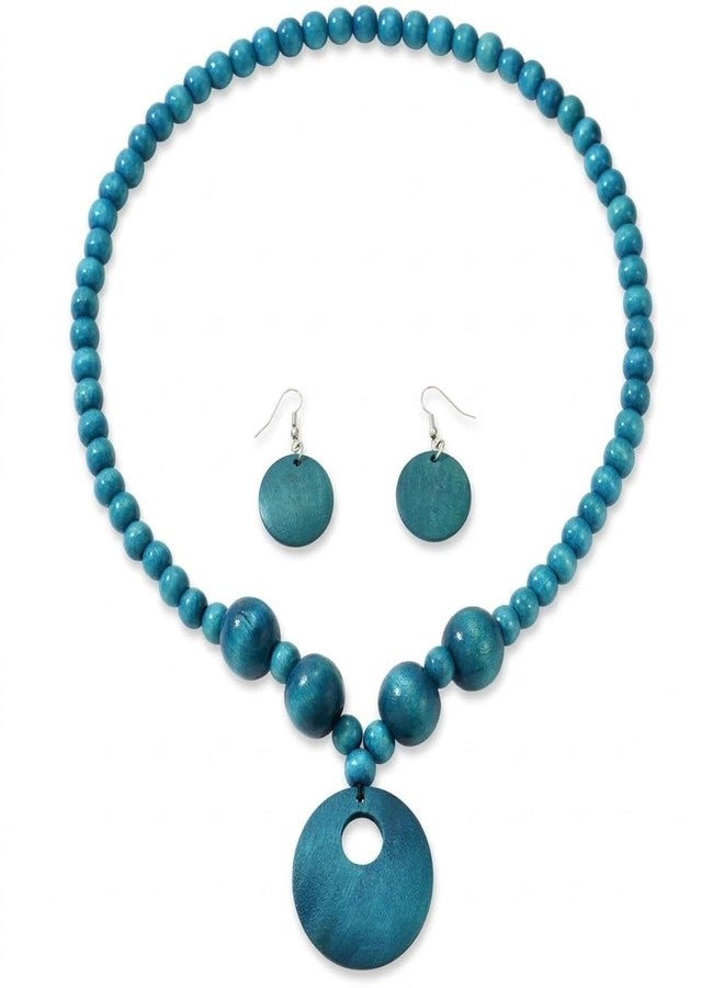 LOTSOF Boho Wooden Beaded Necklace and Earring Set for Women, Handmade Teal Blue Statement Jewelry, Bohemian Circle Pendant (Peacock Blue) - Image 1