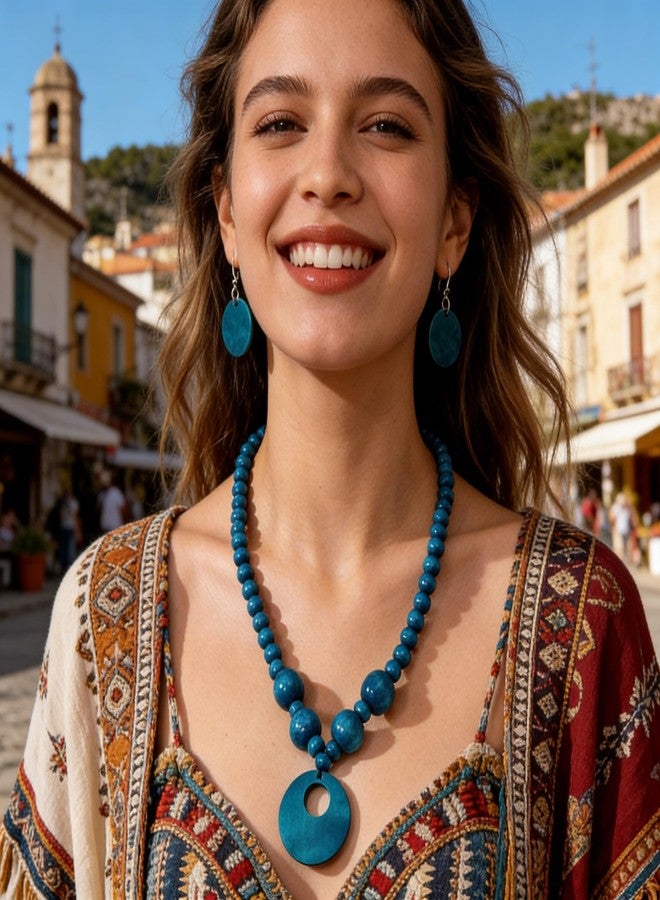 LOTSOF Boho Wooden Beaded Necklace and Earring Set for Women, Handmade Teal Blue Statement Jewelry, Bohemian Circle Pendant (Peacock Blue) - Image 5