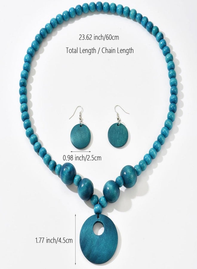 LOTSOF Boho Wooden Beaded Necklace and Earring Set for Women, Handmade Teal Blue Statement Jewelry, Bohemian Circle Pendant (Peacock Blue) - Image 2