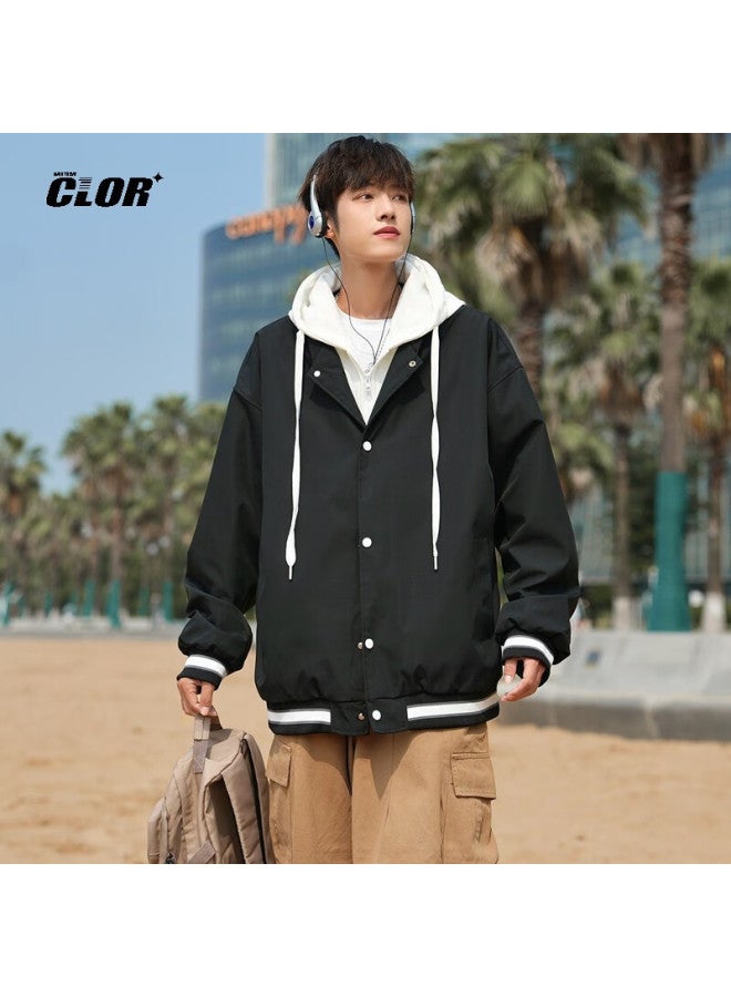 Clor Men's Autumn Winter Faux Two-piece Hooded Jacket Trendy Casual Loose Top Wtc11 Black XL - Image 2