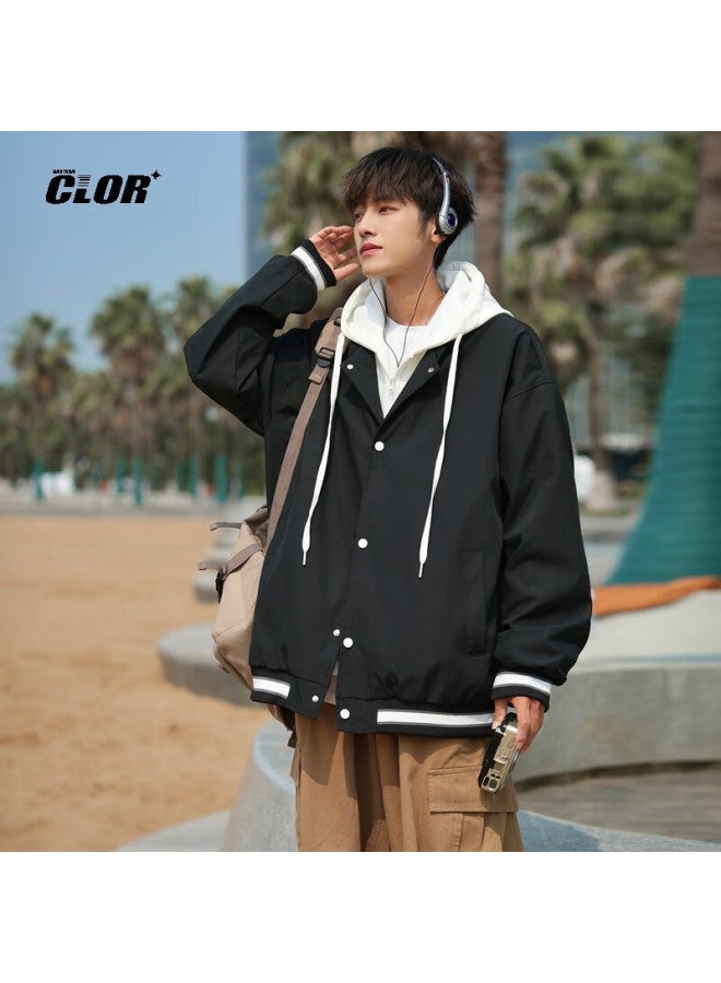 Clor Men's Autumn Winter Faux Two-piece Hooded Jacket Trendy Casual Loose Top Wtc11 Black XL - Image 1