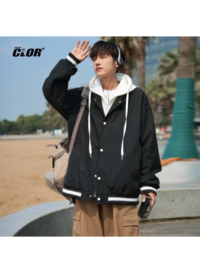 Clor Men's Autumn Winter Faux Two-piece Hooded Jacket Trendy Casual Loose Top Wtc11 Black XL - Image 3