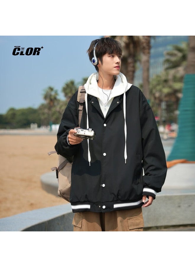 Clor Men's Autumn Winter Faux Two-piece Hooded Jacket Trendy Casual Loose Top Wtc11 Black XL - Image 5