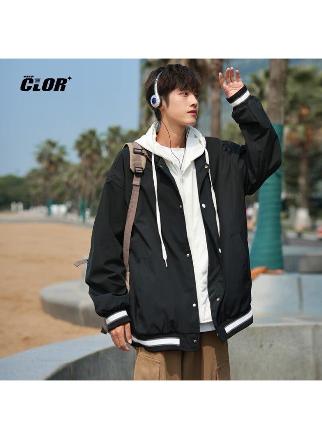 Clor Men's Autumn Winter Faux Two-piece Hooded Jacket Trendy Casual Loose Top Wtc11 Black XL - Image 4