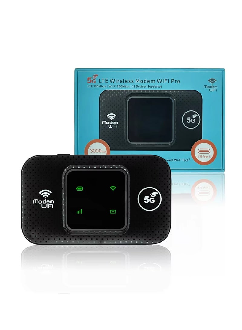 دبليو تيك مودم واي فاي برو 5G LTE، راوتر سفر محمول عالي السرعة بسرعة 300 ميجابت في الثانية لأوروبا، مودم واي فاي يعمل بالطاقة عبر USB مع فتحة بطاقة SIM - أسود - Image 1