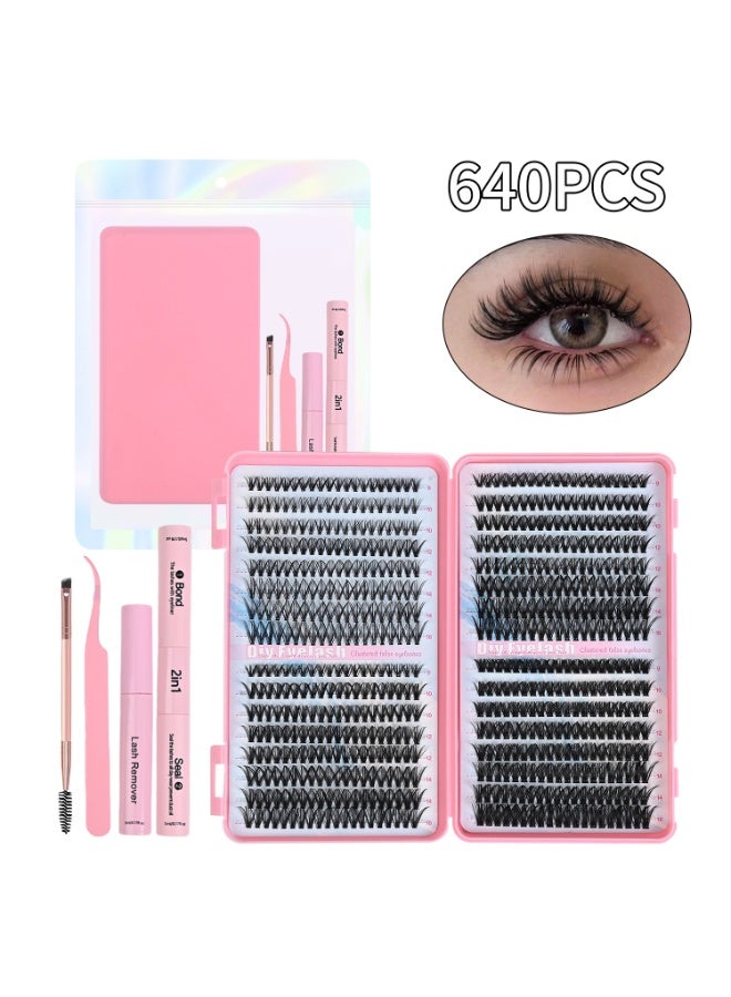 Bond 5-piece set 30+40+50+60D DIY Eyelash Extension Kit 640 Clusters, 9-16mm Mixed Individual Lashes Cluster, Natural Curl Personal Eyelash Set, Segmented False Eyelashes, Thick Eyelashes - Image 1