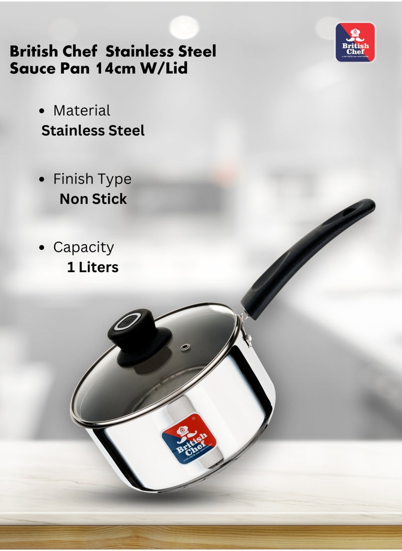 British Chef Stainless Steel Sauce Pan With Lid 14cm | Induction Base Heavy Base Bottom  - Image 2