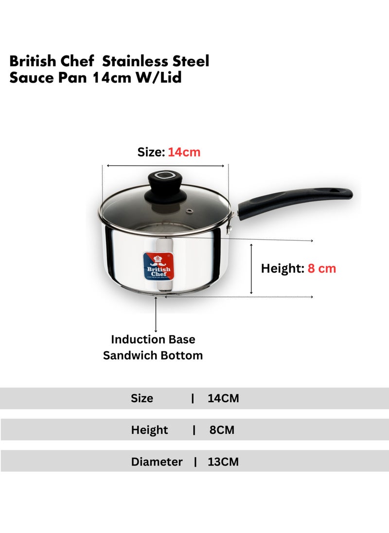 British Chef Stainless Steel Sauce Pan With Lid 14cm | Induction Base Heavy Base Bottom  - Image 5