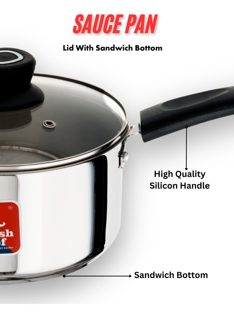 British Chef Stainless Steel Sauce Pan With Lid 14cm | Induction Base Heavy Base Bottom  - Image 3