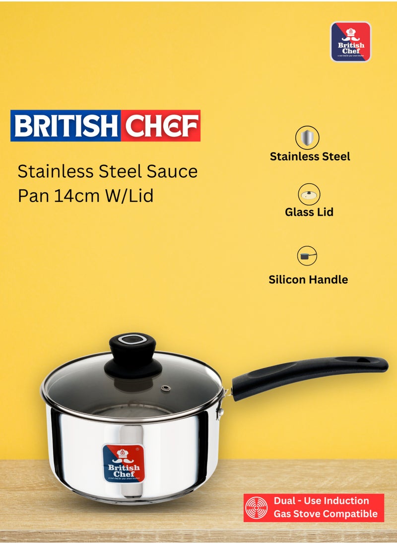 British Chef Stainless Steel Sauce Pan With Lid 14cm | Induction Base Heavy Base Bottom  - Image 4