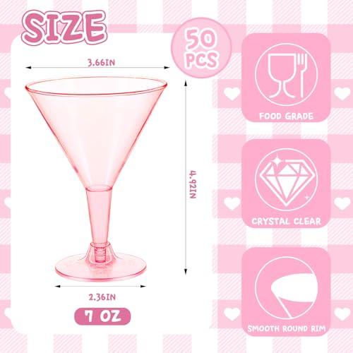 Alaeseje 50 Pack Plastic Martini Glasses,7 oz Clear Disposable Cocktail Cups,Reusable Tall Stemmed Wine Shooter Glasses for Party Wine,Champagne,Margarita(Pink) - Image 2