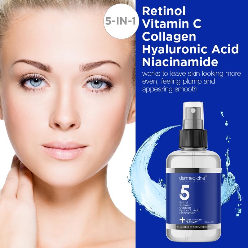 Dermedicine 5 in 1 Super Charged Anti-Aging Face Mist w/Retinol, Vitamin C, Collagen, Hyaluronic Acid & Niacinamide | Hydrates, Refreshes & Brightens for a More Glowing Complexion | 4 fl oz, 120 ml - Image 1