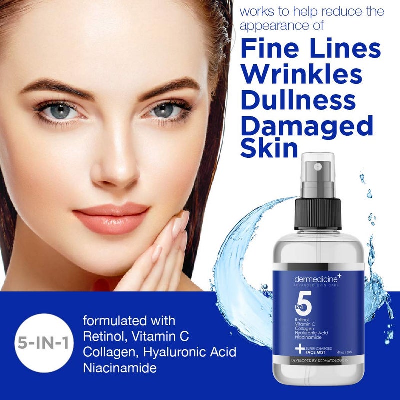 Dermedicine 5 in 1 Super Charged Anti-Aging Face Mist w/Retinol, Vitamin C, Collagen, Hyaluronic Acid & Niacinamide | Hydrates, Refreshes & Brightens for a More Glowing Complexion | 4 fl oz, 120 ml - Image 2