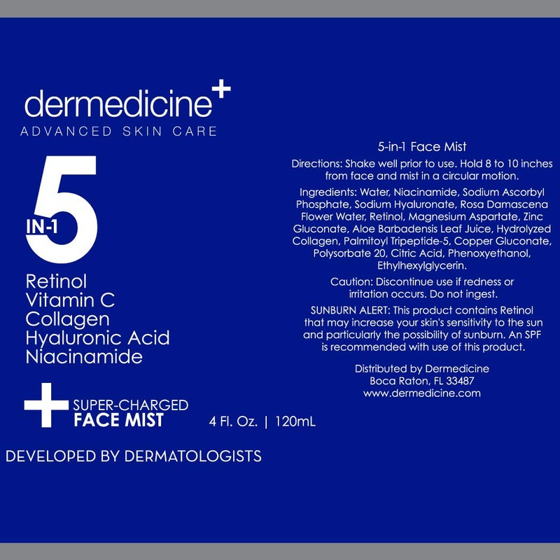 Dermedicine 5 in 1 Super Charged Anti-Aging Face Mist w/Retinol, Vitamin C, Collagen, Hyaluronic Acid & Niacinamide | Hydrates, Refreshes & Brightens for a More Glowing Complexion | 4 fl oz, 120 ml - Image 5
