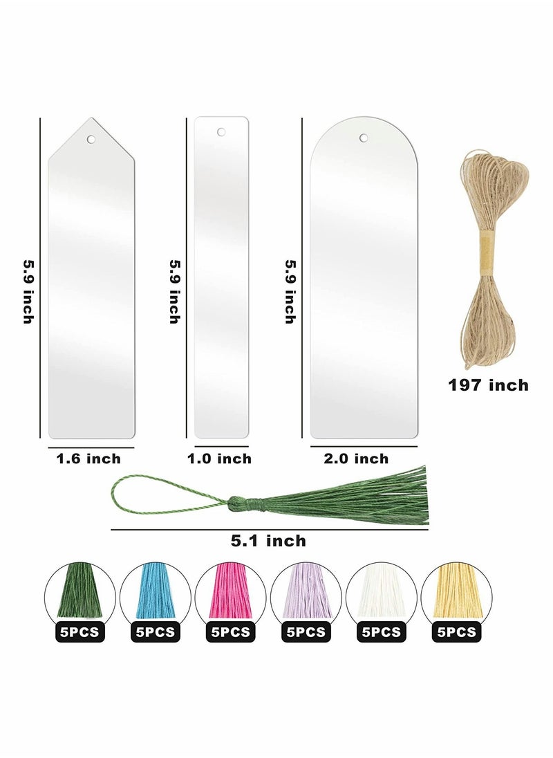 Excefore - Acrylic Bookmarks Blanks Bulk, 30 Pieces Clear Bookmark Clear Plastic Set for DIY Projects and Present Tag (3 Shape of Bookmarks and 6 Color Tassels) - Image 1