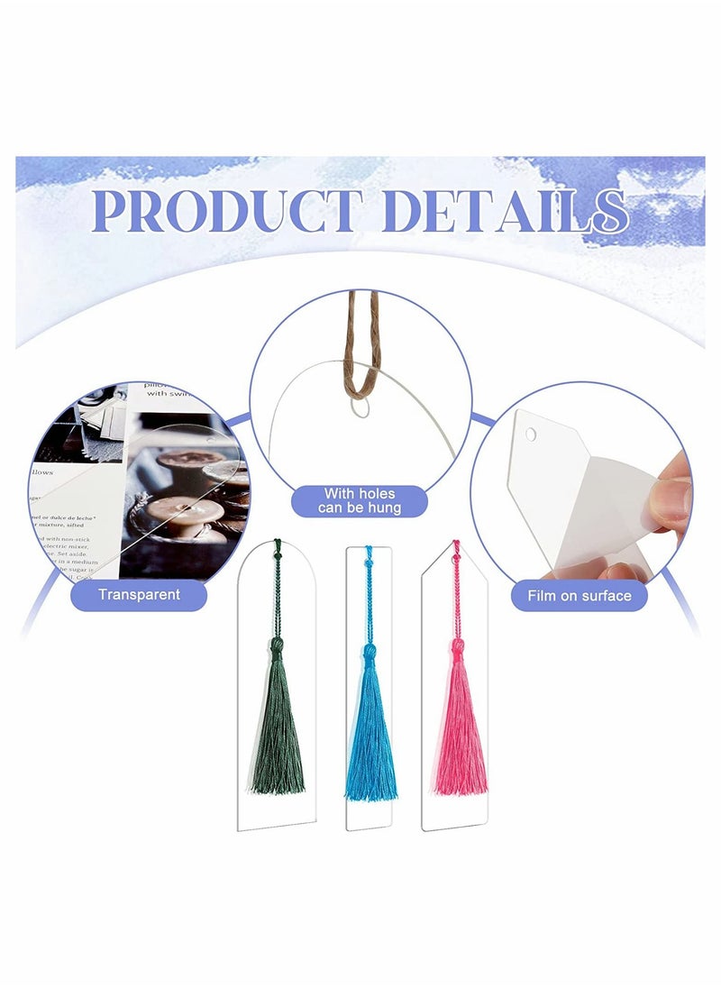 Excefore - Acrylic Bookmarks Blanks Bulk, 30 Pieces Clear Bookmark Clear Plastic Set for DIY Projects and Present Tag (3 Shape of Bookmarks and 6 Color Tassels) - Image 1