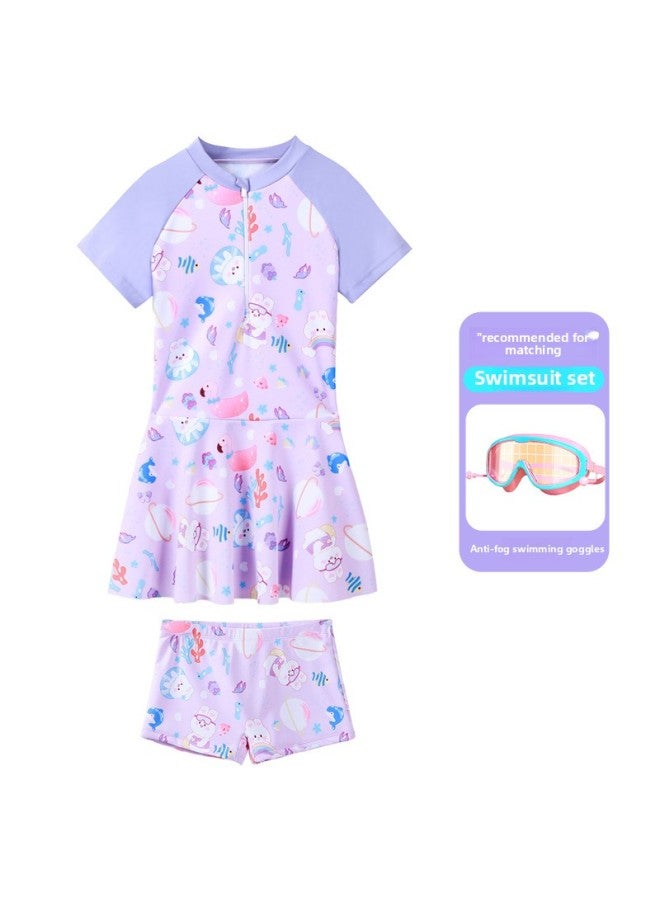 Children's Swimwear Girls' Western-style Dress Split Boxers Swimwear Girls' Training Special Swimsuit-Color:Purple 169 {clothes + Anti-fog Swimming Goggles}- - Image 1