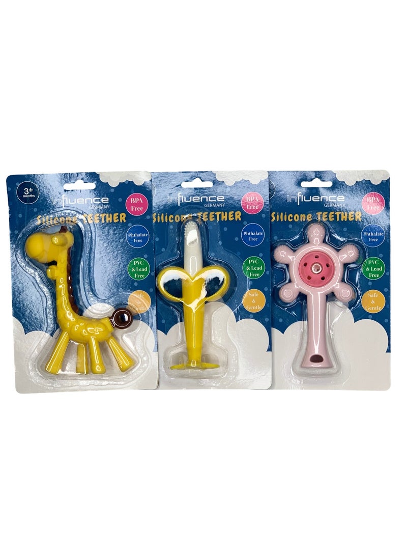 Influence Germany- Silicone Baby Teether Trio- BPA-Free - Animal & Fruit Shapes- 3M - Image 1