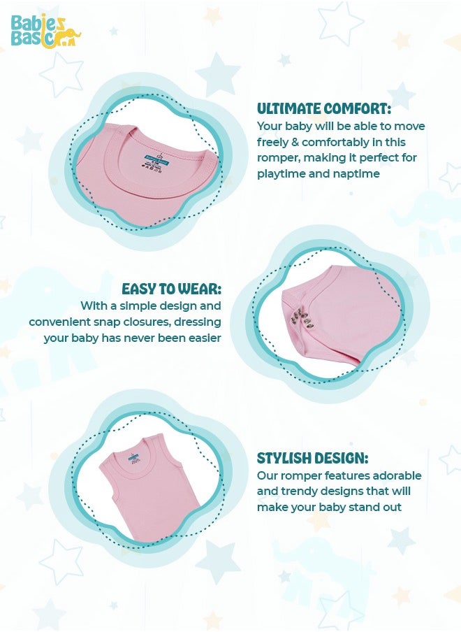 Babies Basic 100% Super Soft Cotton, Sleeveless Romper/Bodysuit, For New Born To 24Months, Set Of 3 - Pink, Lemon, Cream  - Image 4