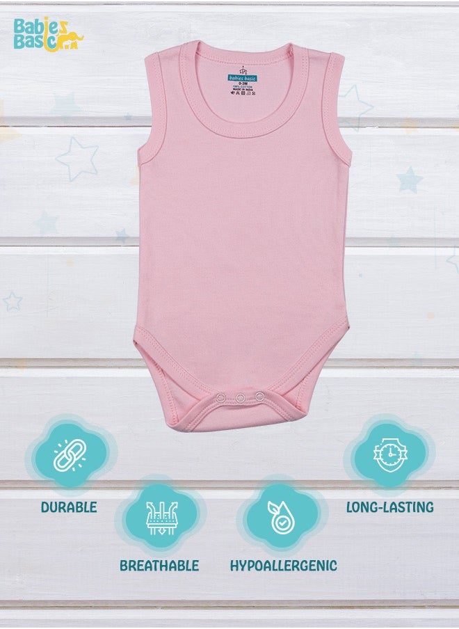 Babies Basic 100% Super Soft Cotton, Sleeveless Romper/Bodysuit, For New Born To 24Months, Set Of 3 - Pink, Lemon, Cream  - Image 3