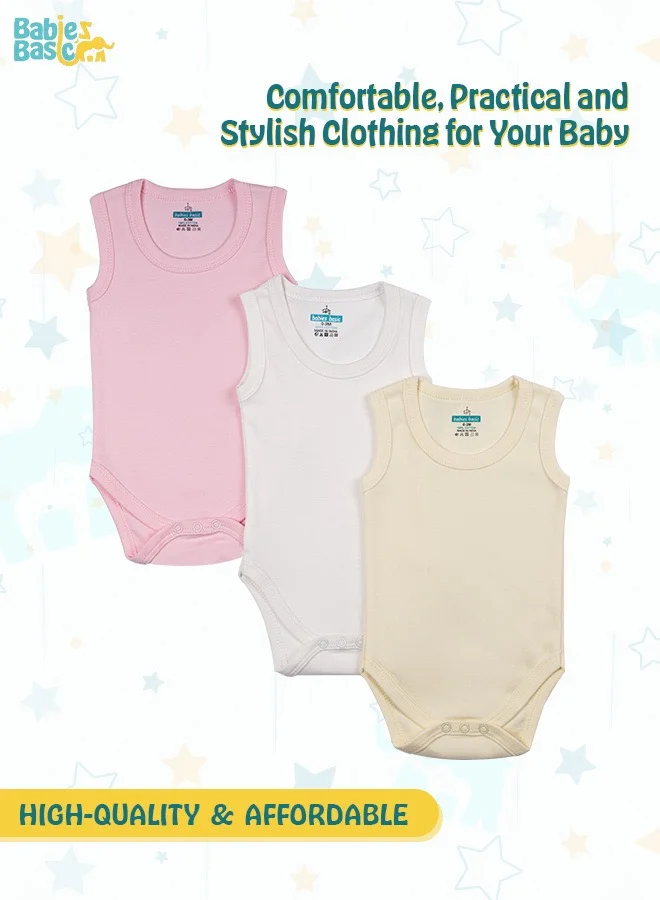 Babies Basic 100% Super Soft Cotton, Sleeveless Romper/Bodysuit, For New Born To 24Months, Set Of 3 - Pink, Lemon, Cream
