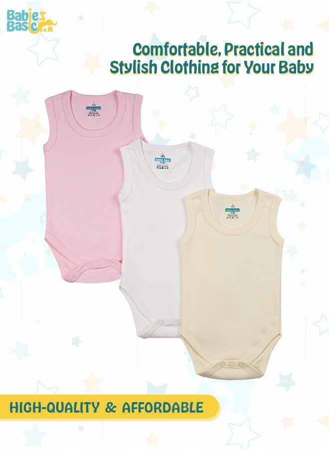 Babies Basic 100% Super Soft Cotton, Sleeveless Romper/Bodysuit, For New Born To 24Months, Set Of 3 - Pink, Lemon, Cream  - Image 2