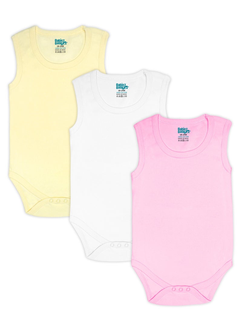 Babies Basic 100% Super Soft Cotton, Sleeveless Romper/Bodysuit, For New Born To 24Months, Set Of 3 - Pink, Lemon, Cream  - Image 1