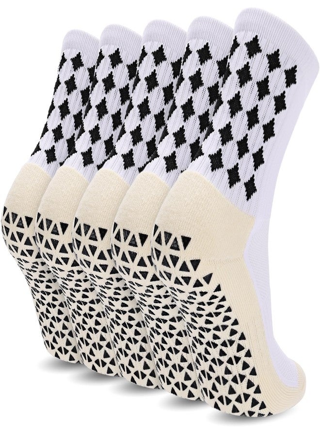 Ultrafun 5 Pairs Mens Grip Soccer Socks Non Slip Cushioned Crew Football Sports Socks (White) - Image 1