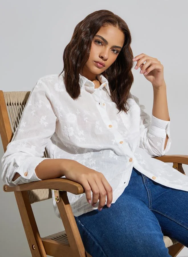 Styli White Floral Embroidered Long Oversized Shirt