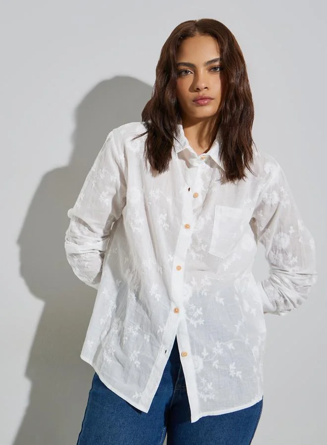 Styli White Floral Embroidered Long Oversized Shirt