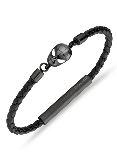 POLICE Web Slinger BraceletBlack Leather with Iconic Spider-Man Mask and Magnetic ClosureBold Men's Style