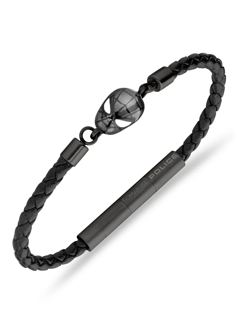 POLICE Web Slinger BraceletBlack Leather with Iconic Spider-Man Mask and Magnetic ClosureBold Men's Style