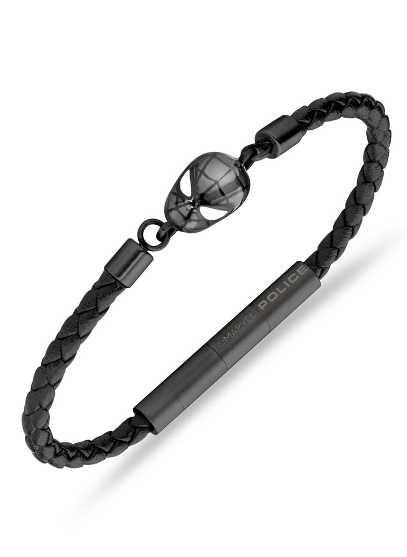 POLICE Web Slinger BraceletBlack Leather with Iconic Spider-Man Mask and Magnetic ClosureBold Men's Style  - Image 1