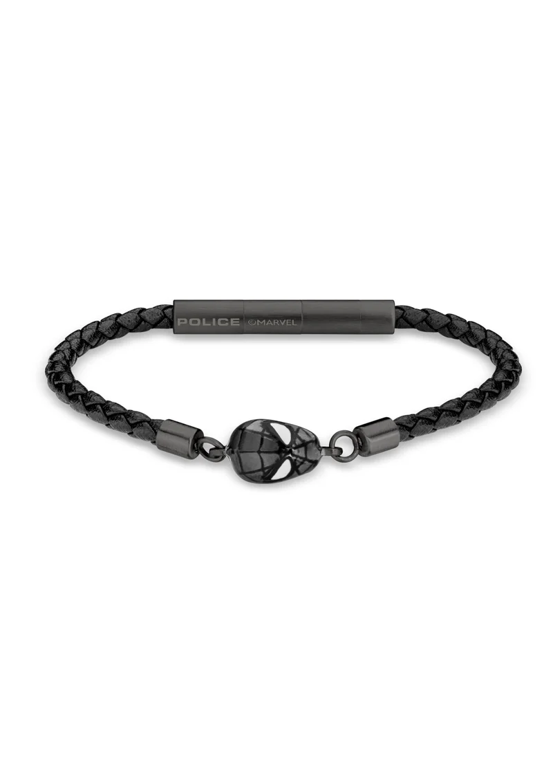 POLICE Web Slinger BraceletBlack Leather with Iconic Spider-Man Mask and Magnetic ClosureBold Men's Style