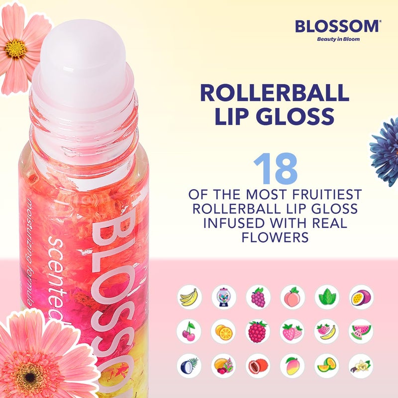 Blossom Roll on Lip Gloss, Scented Clear High Shine Moisturizing Lip Oil, Non Sticky, Infused with Real Flowers, Made in USA, 0.3 fl. oz./9ml, 3 pack Mini Gift Set, Strawberry, Watermelon, Mango - Image 2