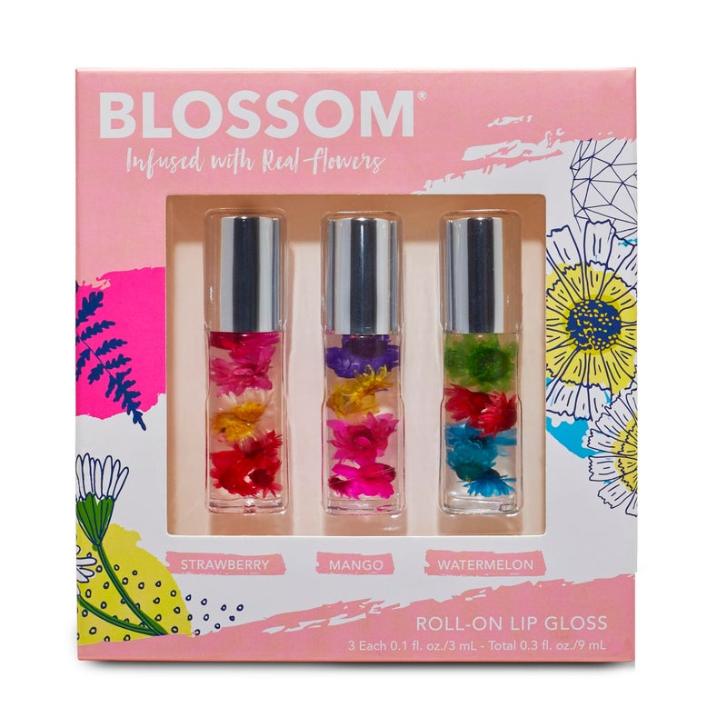 Blossom Roll on Lip Gloss, Scented Clear High Shine Moisturizing Lip Oil, Non Sticky, Infused with Real Flowers, Made in USA, 0.3 fl. oz./9ml, 3 pack Mini Gift Set, Strawberry, Watermelon, Mango - Image 1