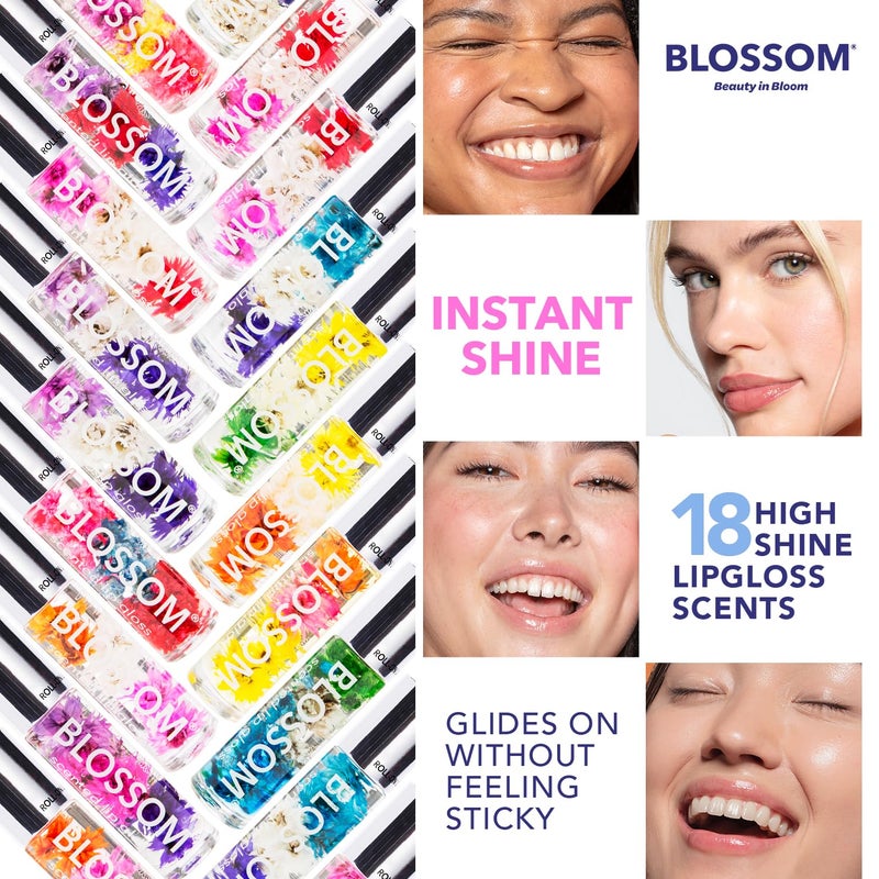 Blossom Roll on Lip Gloss, Scented Clear High Shine Moisturizing Lip Oil, Non Sticky, Infused with Real Flowers, Made in USA, 0.3 fl. oz./9ml, 3 pack Mini Gift Set, Strawberry, Watermelon, Mango - Image 4