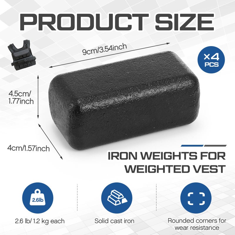 LEIFIDE 4 Pcs Iron Weights for Weighted Vest 2.6 lb Cast Iron Ingots for Elite Series Adjustable Weight Vest, Cardio & Strength Training Equipment - Image 2