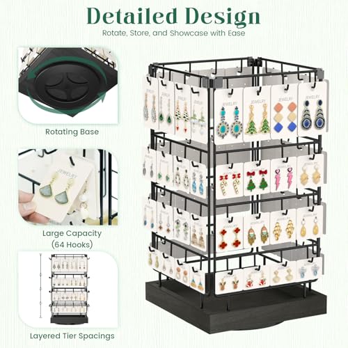 EsLuker.ly Rotating Earring Display Holder Stand for Vendors Events Selling, Large Capacity 64 Hooks Jewelry Rack with Wooden Base for Earring Card Sales, Enhances Retail Visibility - Image 2