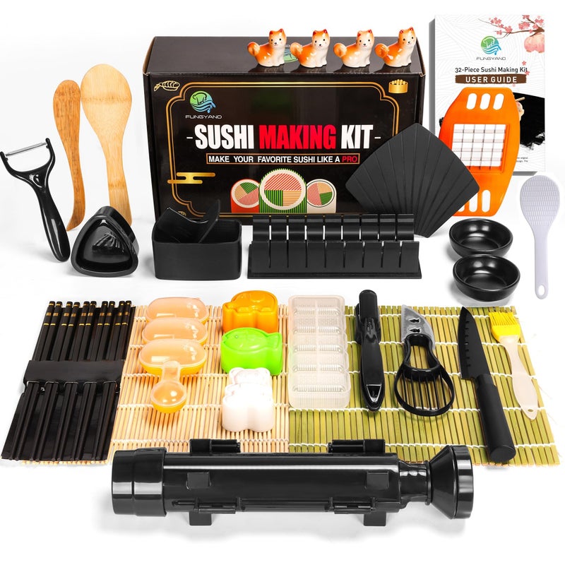 FUNGYAND Sushi Making Kit, 32-in-1 Complete Set with Bazooka Roller, Nigiri & Musubi Presses, Bamboo Mats, Knife, Peeler, Animal Rice Molds, Chopsticks & More â€“ Perfect for Family Fun - Image 1