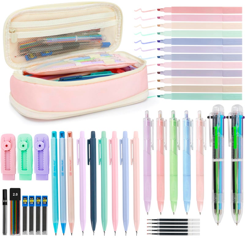 JEVONI 43 PCs Aesthetic School Supplies Kit Art Study Set with Pink Pencil Case 050720mm Mechanical Pencils 6Color Ballpoint Pens Black Ink Gel Pens 12 Pastel Highlighters - Image 2