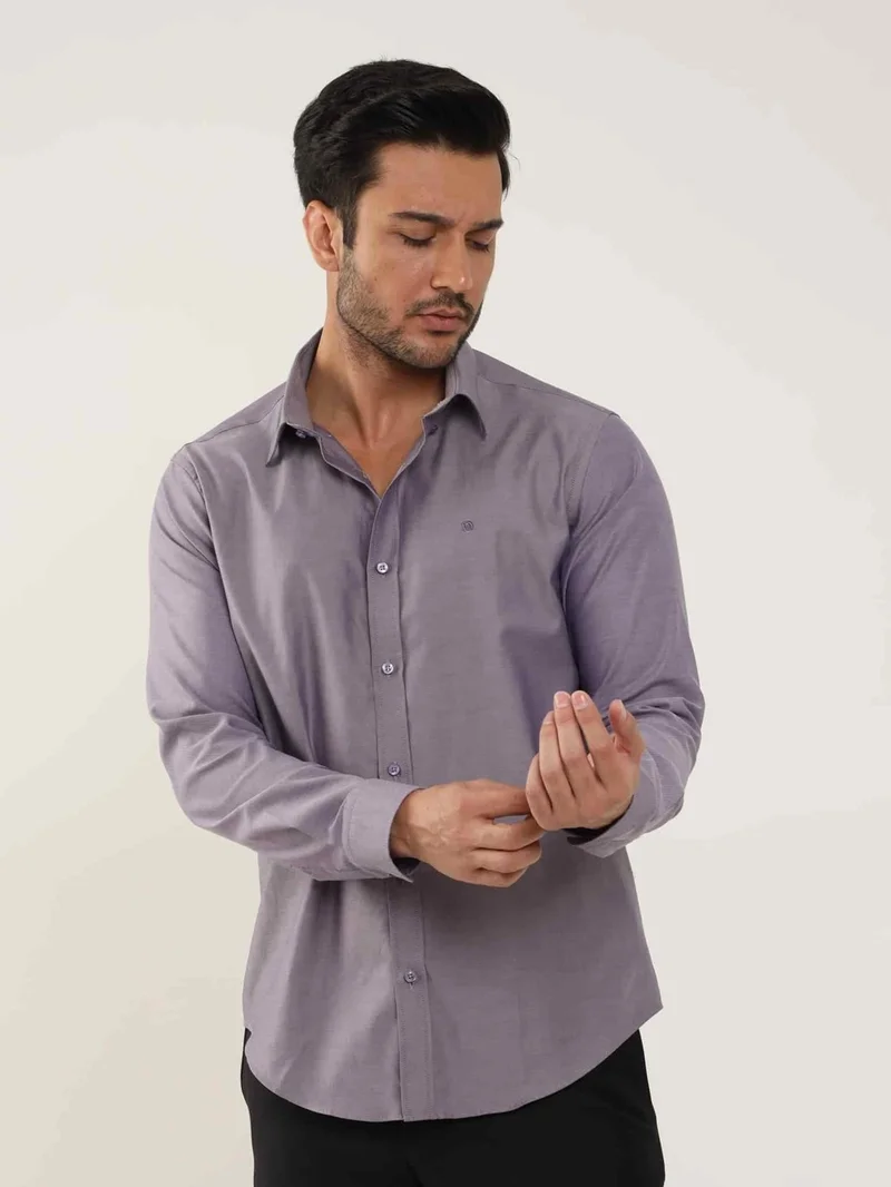 دوفي Purple Men's Slim Fit Plain Brent Button Collar Long Sleeve Shirt - 102459