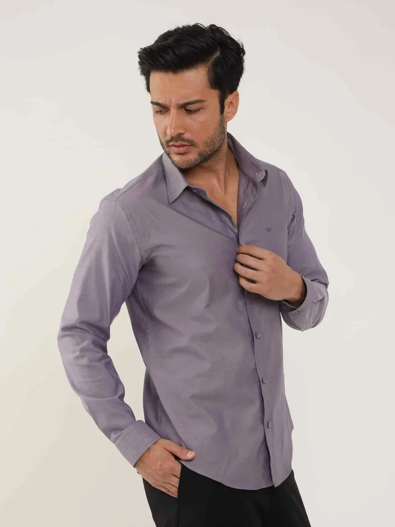 دوفي Purple Men's Slim Fit Plain Brent Button Collar Long Sleeve Shirt - 102459