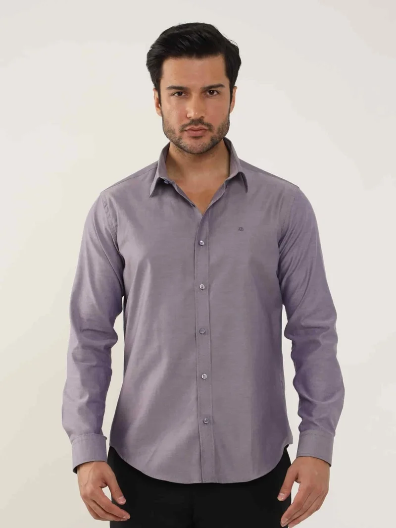 دوفي Purple Men's Slim Fit Plain Brent Button Collar Long Sleeve Shirt - 102459