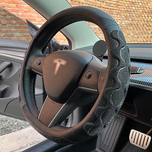 PINCTROT Great Grip Steering Wheel Cover for Tesla Model Y/3 2016-2025 2026 Highland/Juniper, D Shaped 14 Inch Small Sized, Flat Bottom with 3D Honeycomb Anti-Slip Design (Great Grip Black) - Image 1