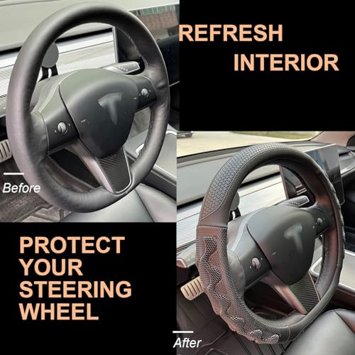 PINCTROT Great Grip Steering Wheel Cover for Tesla Model Y/3 2016-2025 2026 Highland/Juniper, D Shaped 14 Inch Small Sized, Flat Bottom with 3D Honeycomb Anti-Slip Design (Great Grip Black) - Image 4