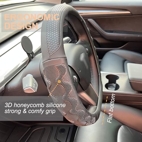 PINCTROT Great Grip Steering Wheel Cover for Tesla Model Y/3 2016-2025 2026 Highland/Juniper, D Shaped 14 Inch Small Sized, Flat Bottom with 3D Honeycomb Anti-Slip Design (Great Grip Black) - Image 2