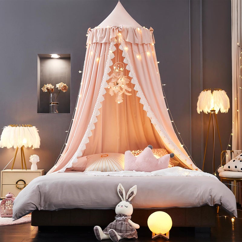 Kertnic Bed Canopy for Girls, Ruffled Soft Pink Princess Canopy Dreamy Bow Decor, Bed Canopies for Kids Room, Hanging Canopy Bedding Drapes Toddler Reading Nook Play Tent (Pink) - Image 2