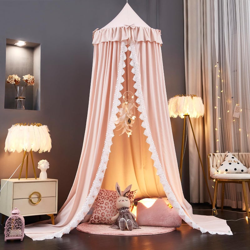 Kertnic Bed Canopy for Girls, Ruffled Soft Pink Princess Canopy Dreamy Bow Decor, Bed Canopies for Kids Room, Hanging Canopy Bedding Drapes Toddler Reading Nook Play Tent (Pink) - Image 3