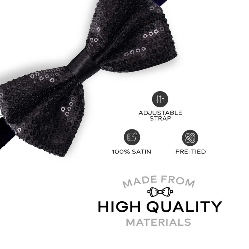 Man of Men Sequin Bow Ties for Men - Pre-tied Adjustable Length Bowtie, Many Colors to Choose From (Black) - Image 2